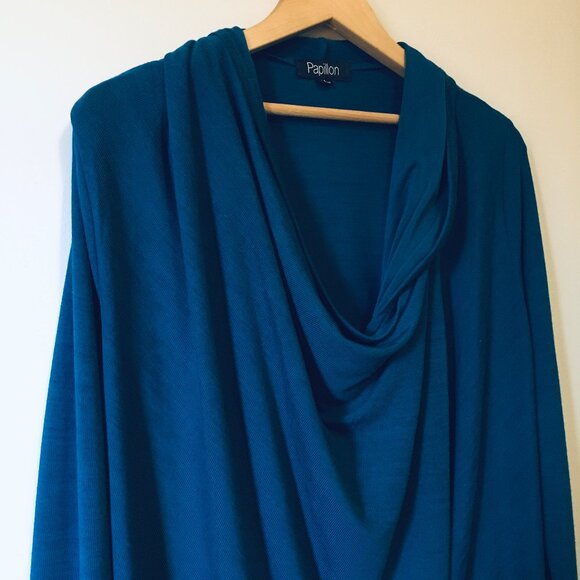 Peacock Blue Button Wrapover Handkerchief Hem Sweater - Picture 5 of 16